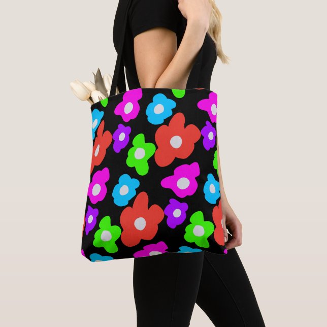 Tote Bag Motif noir arc-en-ciel coloré rétro (De près)
