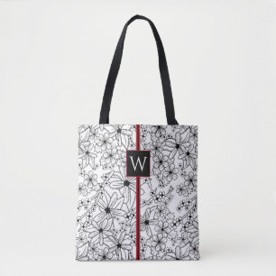 Tote Bag Motif noir floral et Monogramme blanc