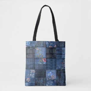 Tote Bag Motif patchwork floral indigo Denim bohème