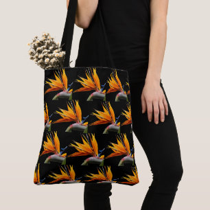 Tote Bag Motif Plante Orange Bird of Paradise sur Noir