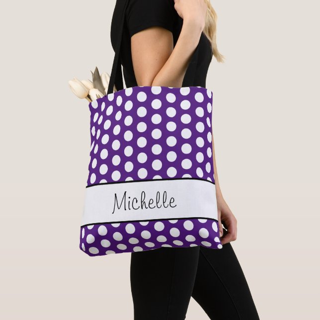 Tote Bag Motif Pois tendance violet blanc (De près)