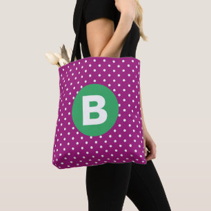 Tote Bag Motif pois violets sur fond vert avec monogramme