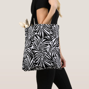 Tote Bag Motif Répétant à feuilles tropicales noires et bla