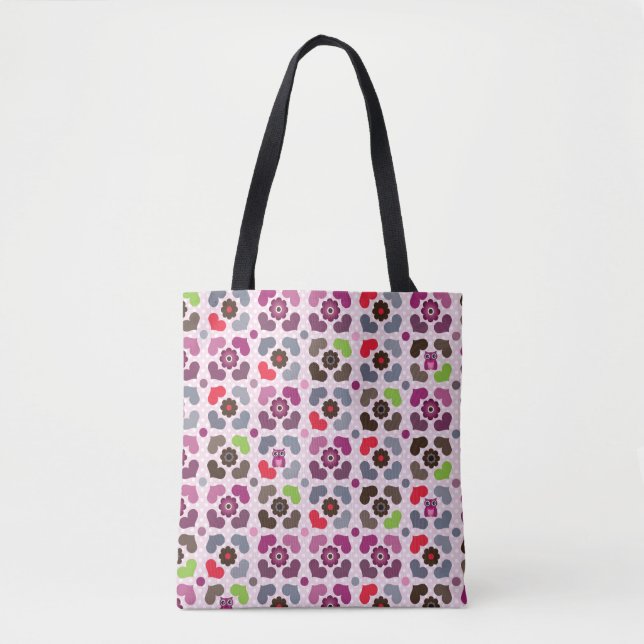 Tote Bag motif rose de fleurs et de hiboux (Devant)