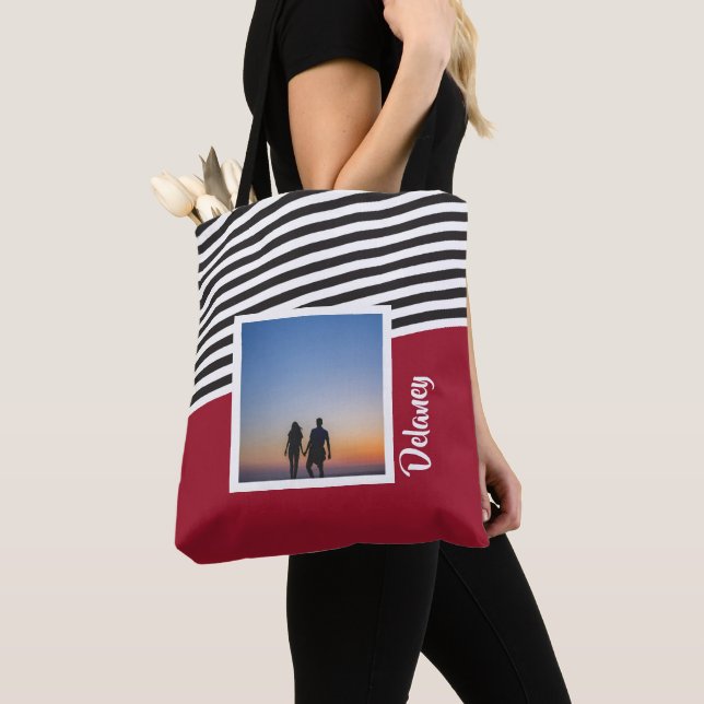 Tote Bag Motif rouge et rayé Photo personnalisée (De près)