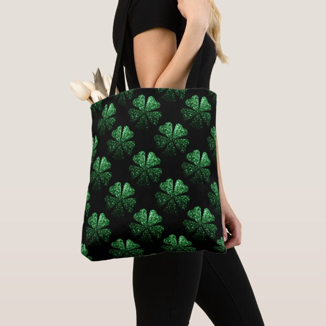 Tote Bag Motif Shamrock brillant vert foncé sur noir (De près)