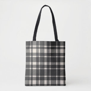 Tote Bag Motif Tartan Plaid Classique - noir et blanc cassé