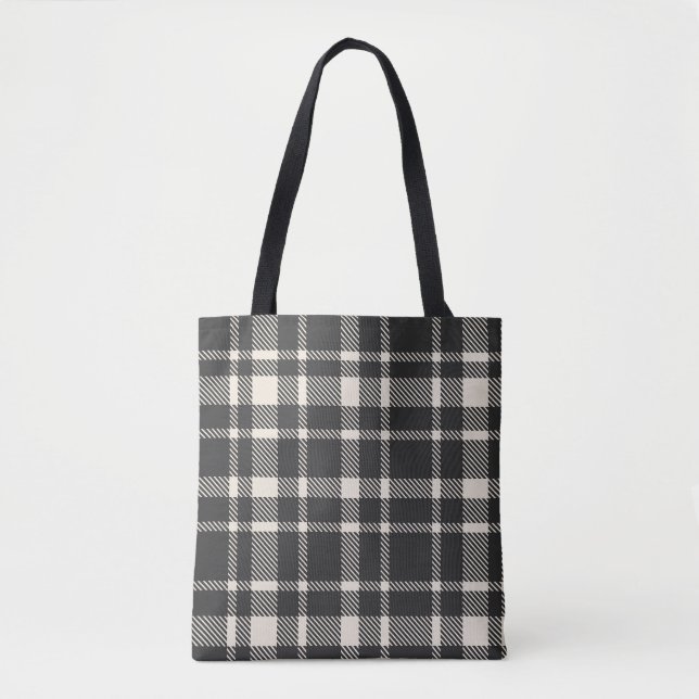 Tote Bag Motif Tartan Plaid Classique - noir et blanc cassé (Devant)