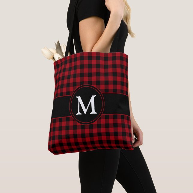 Tote Bag Motif Tartan rouge Monogramme (De près)