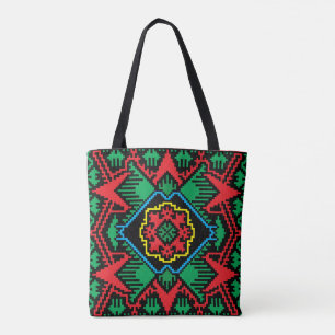Tote Bag Motif tribal letton géométrique noir, rouge, ver