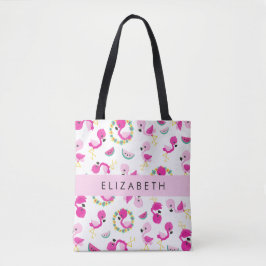 Tote Bag Motif tropical, Flamants roses, Fleurs, Votre Nom