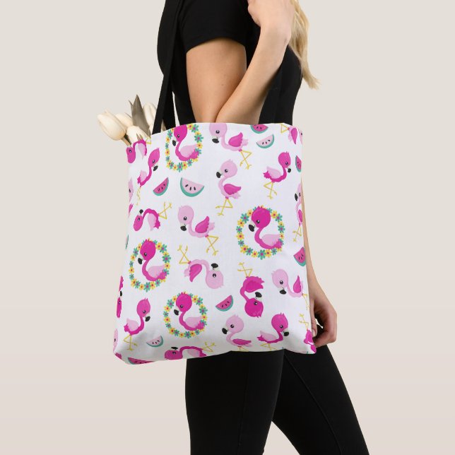 Tote Bag Motif tropical, Flamants roses, pastèques, Fleurs (De près)