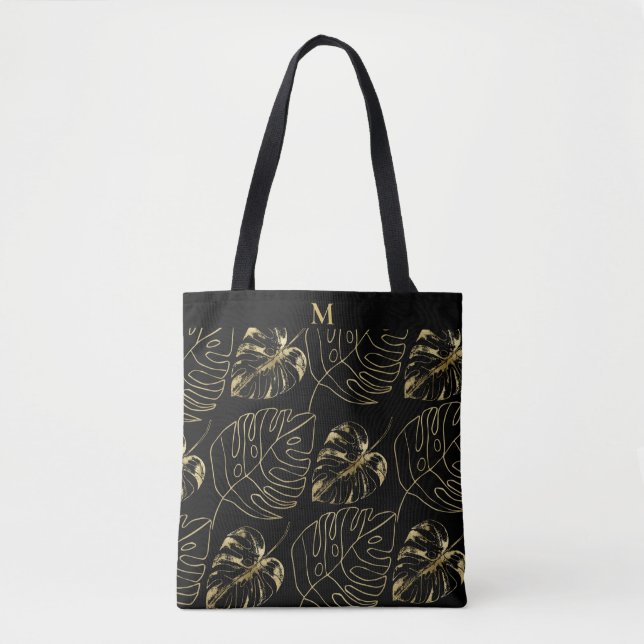 Tote Bag Motif Tropical Gold Palm Leaf | Monogramme moderne (Devant)