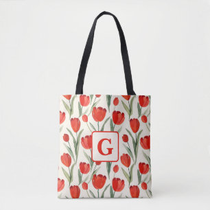 Tote Bag Motif tulipe rouge monogramme personnalisé
