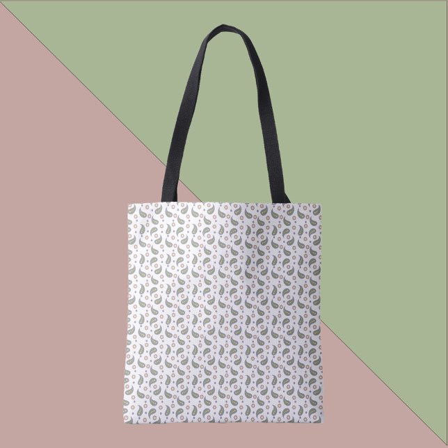 Tote Bag Motif vert violet rose pâle (A tote bag with a paisley, flower and polka dot pattern in pink, green, blue and purple.)