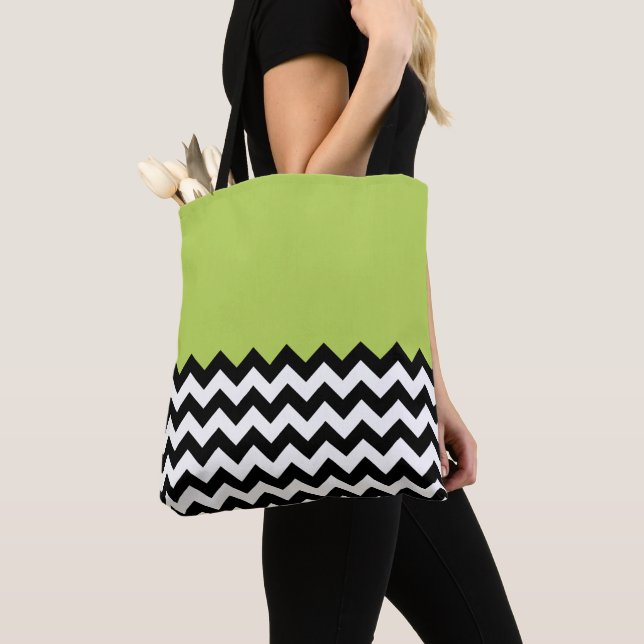 Tote Bag Motif Zigzag noir et blanc, Chevron, Vert (De près)