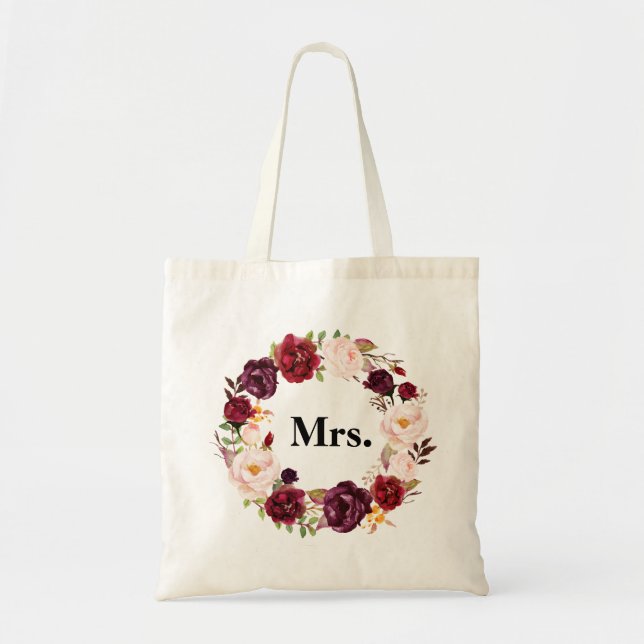 Tote Bag MRS. mariée floral bordeaux (Devant)