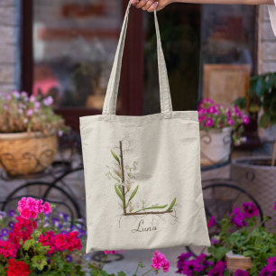 Tote Bag Muguet Élégant Monogramme L Nom Personnalisé