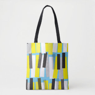 Tote Bag Musique jazz, motif géométrique bleu jaune.