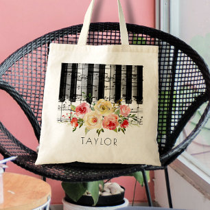 Tote Bag musique piano aquarelle fleurs