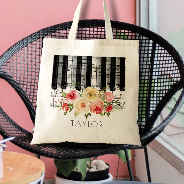 Tote Bag musique piano aquarelle fleurs (Créateur téléchargé)
