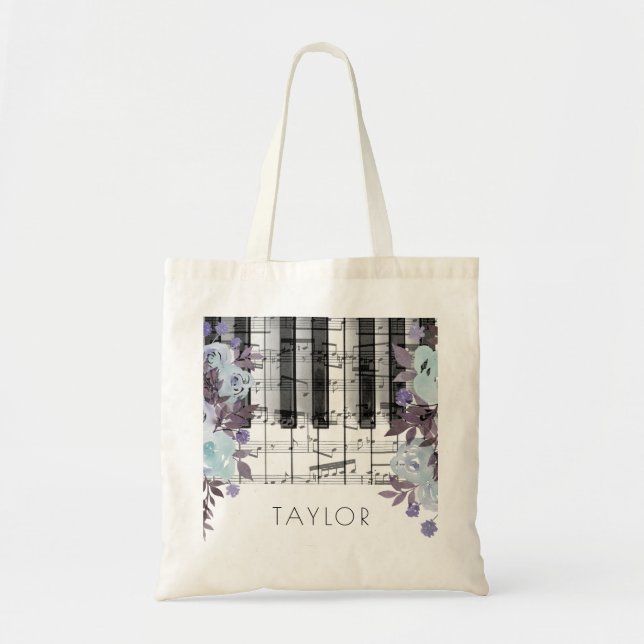 Tote Bag musique piano bleu aquarelle fleurs (Devant)