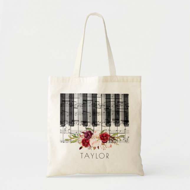 Tote Bag musique piano marsala nom floral (Devant)