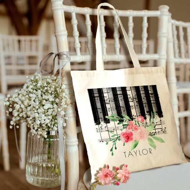 Tote Bag musique piano rose fleurs d'aquarelle (Créateur téléchargé)