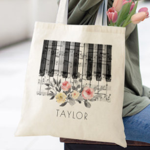 Tote Bag musique piano roses sur feuillage gris