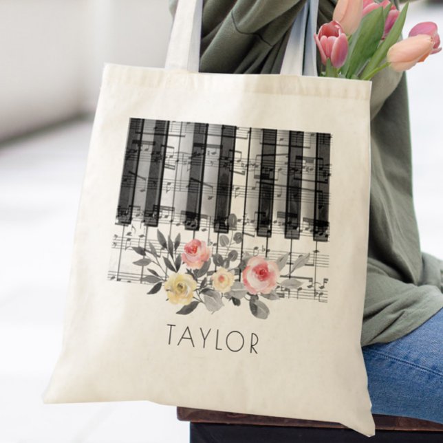 Tote Bag musique piano roses sur feuillage gris (Créateur téléchargé)