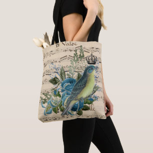 Tote Bag Musique vintage et collection d'oiseaux bleus