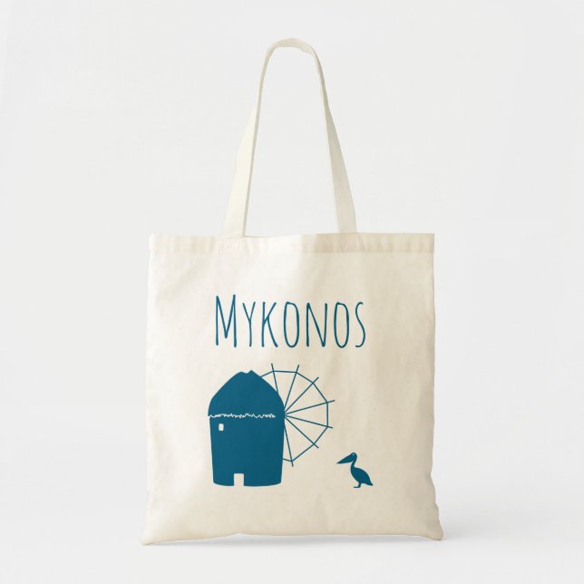 Tote Bag Mykonos, Grèce : Moulin à vent et oiseau pélican  (Devant)