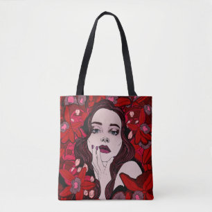 Tote Bag Mystérieuse fille entourée de fleurs rouges, abstr