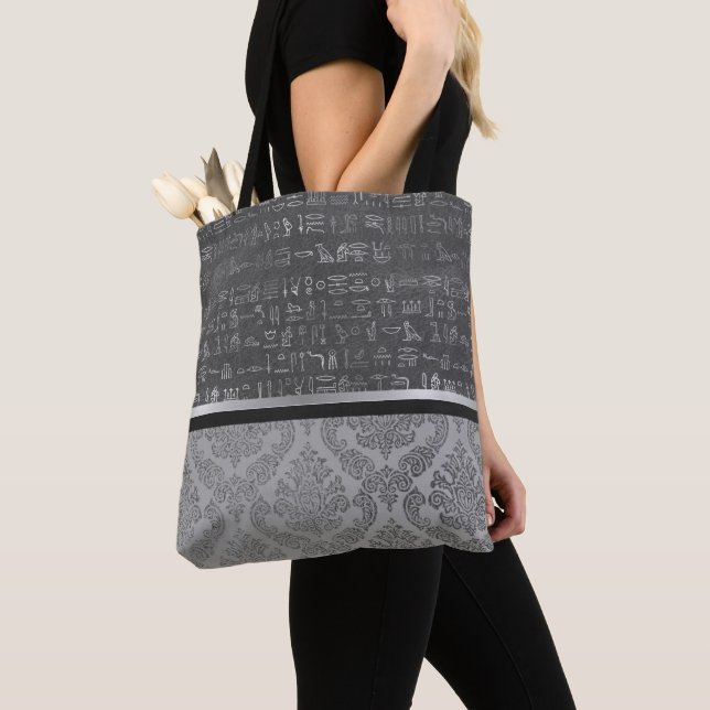 Tote Bag Mystérieux Symboles égyptiens en argent Damas en a (De près)
