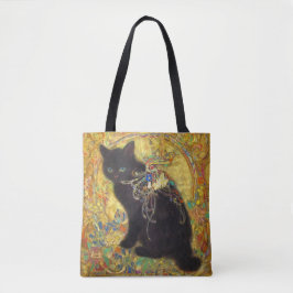 Tote Bag Mystical Black Cat in Golden Nihonga