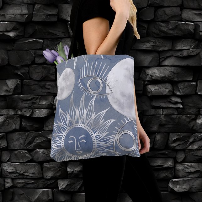 Tote Bag Mystique solaire | Dusty Blue Silver Moon Stars So (Créateur téléchargé)