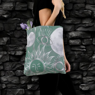Tote Bag Mystique solaire Dusty Green Silver Moon Stars S