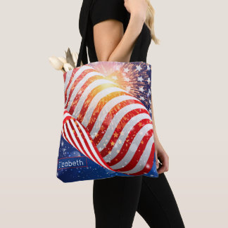 Tote Bag Name, Vibrant Waving Flag and Fireworks Shoulder