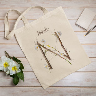 Tote Bag Narcisses Blancs Élégants Monogramme Floral N Pers