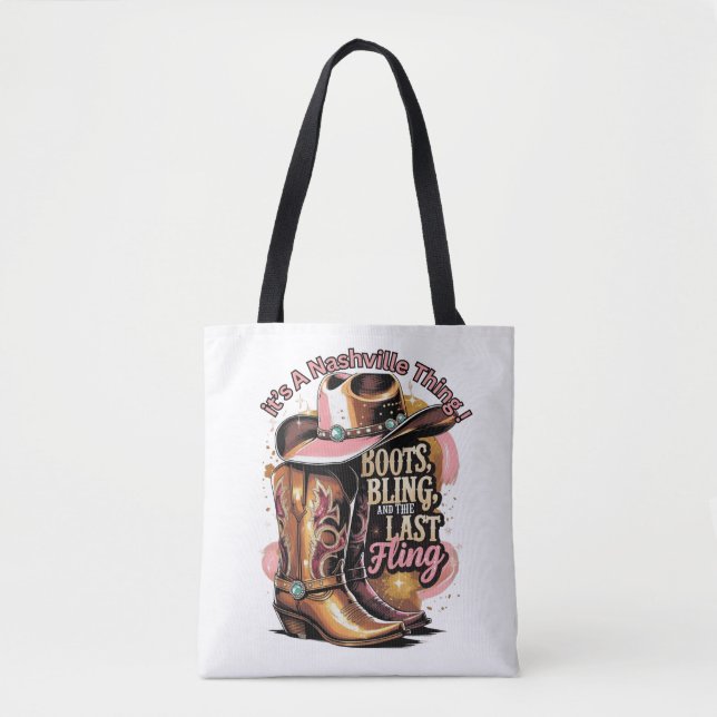 Tote Bag Nashville Bachelorette Party - "Boots, Bling" (Devant)