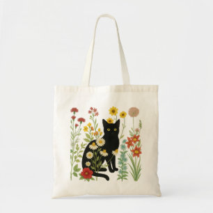 Tote Bag Nature botanique – Chat noir dans un jardin de fle
