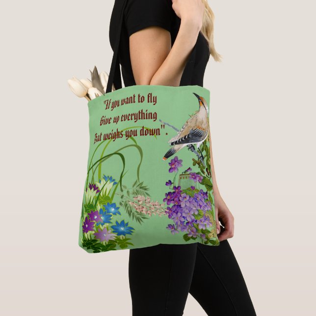 Tote Bag Nature Verdure Aquarelle Florale Oiseau Monogramme (De près)