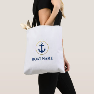 Tote Bag Nautical Blue Gold Ancre Nom du bateau White Fourr