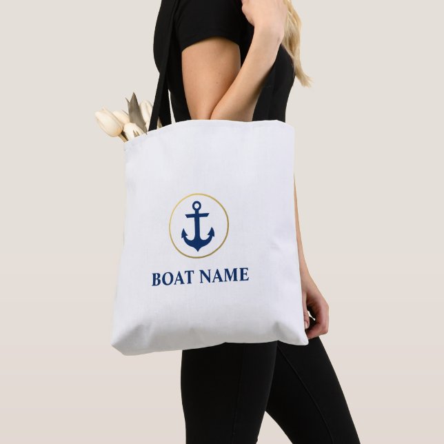 Tote Bag Nautical Blue Gold Ancre Nom du bateau White Fourr (De près)