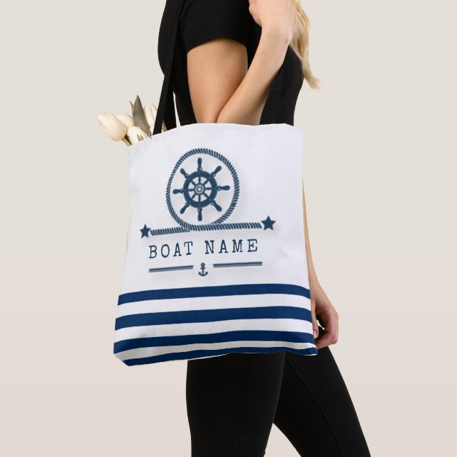 Tote Bag Nautique, Ancre, Corde Marine Bleu Stripes (De près)