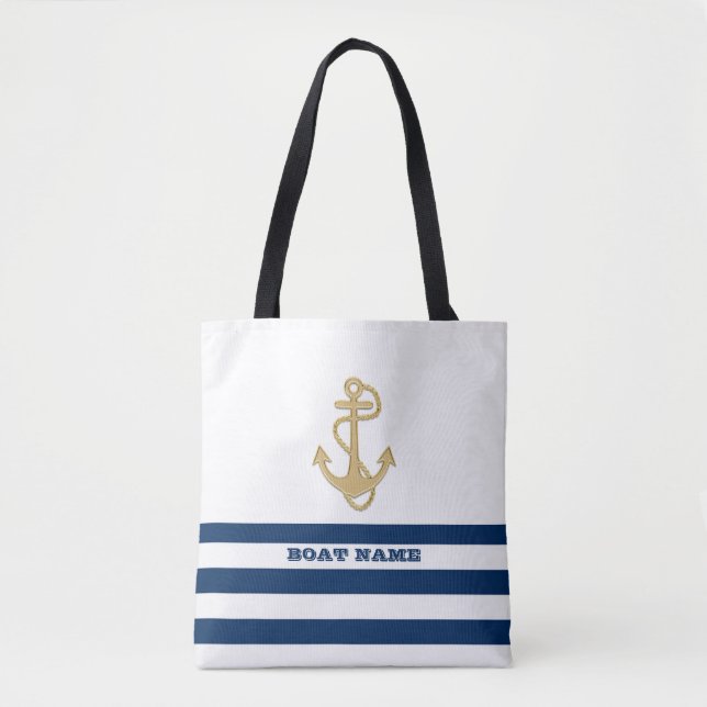 Tote Bag Nautique, Ancre d'or Bleu Bleu Bleu Blancs (Devant)
