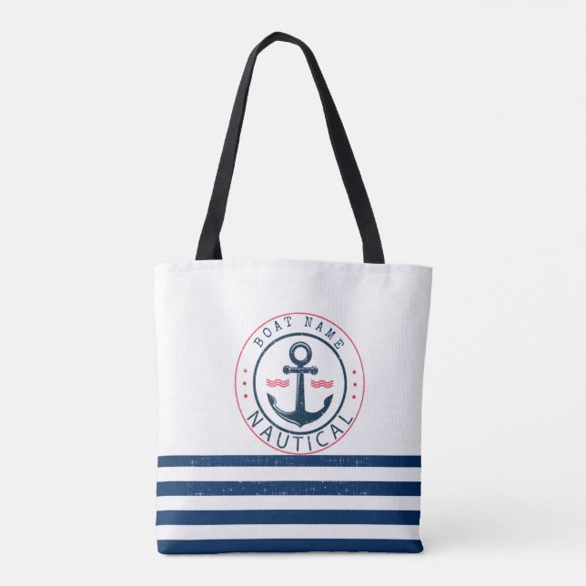 Tote Bag Nautique, Nom du bateau, Ancre Bleu de la Marine (Dos)