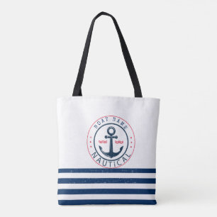 Tote Bag Nautique, nom du bateau, ancres à rayures bleu mar