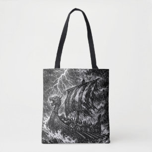 Tote Bag Navire long Viking dans la tempête — Ink Saga Art