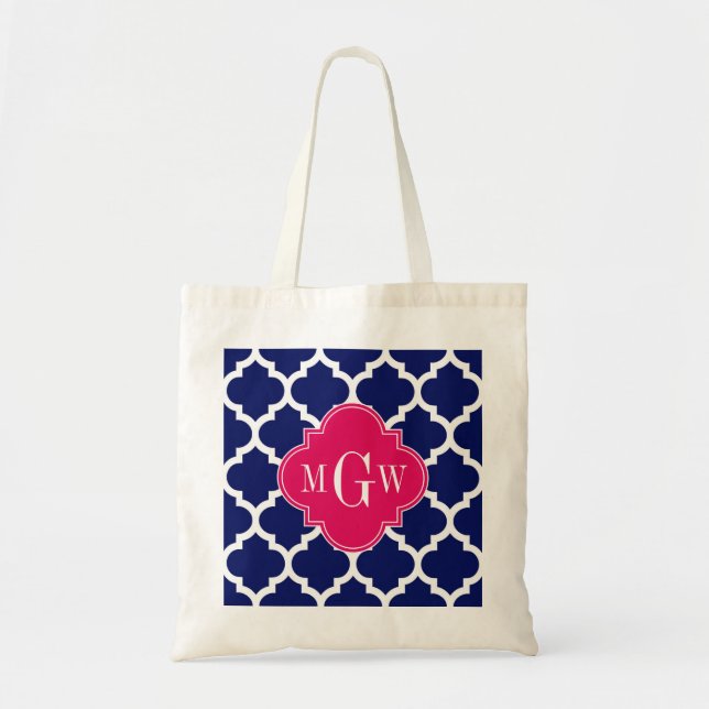 Tote Bag Navy Wht Marocain #5 Raspberry 3 Initial Monogramm (Devant)